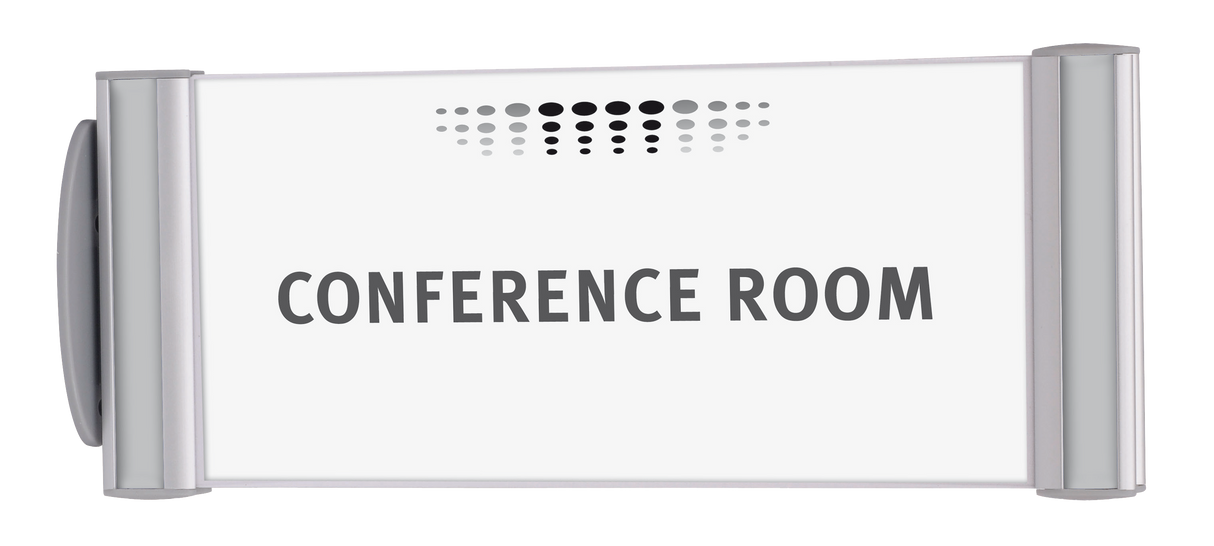 Conference room door sign with bold lettering and modern silver frame