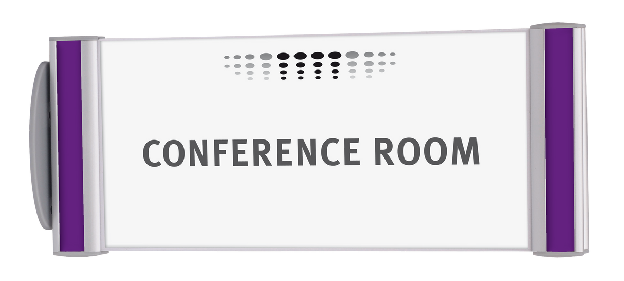 Conference room door sign with purple accents and modern design