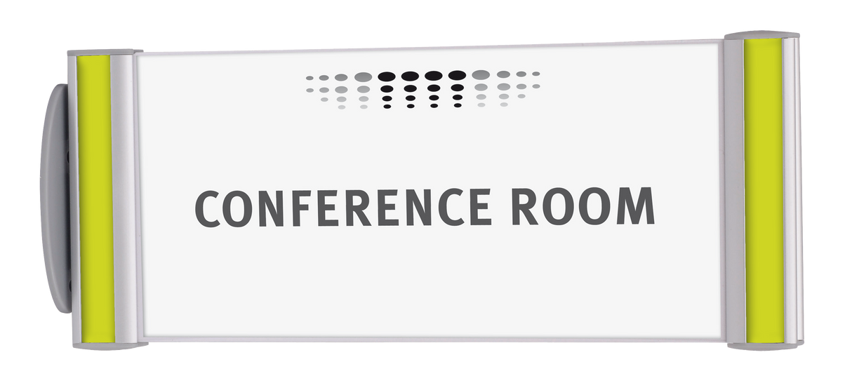 Wall-mounted conference room sign with gray text and modern silver frame