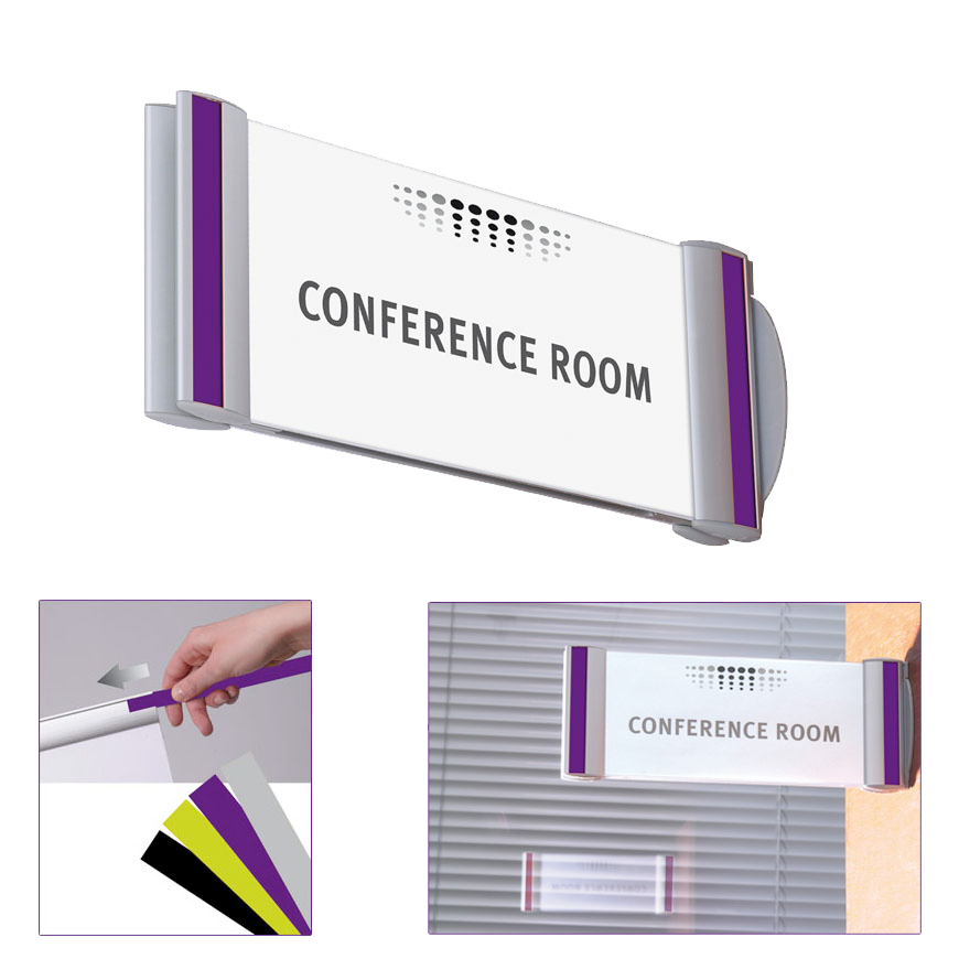Wall-mounted conference room sign with interchangeable colored panels and modern design