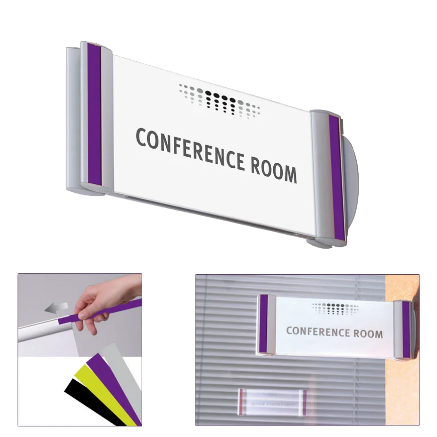 Wall-mounted conference room sign with interchangeable colored panels and modern design