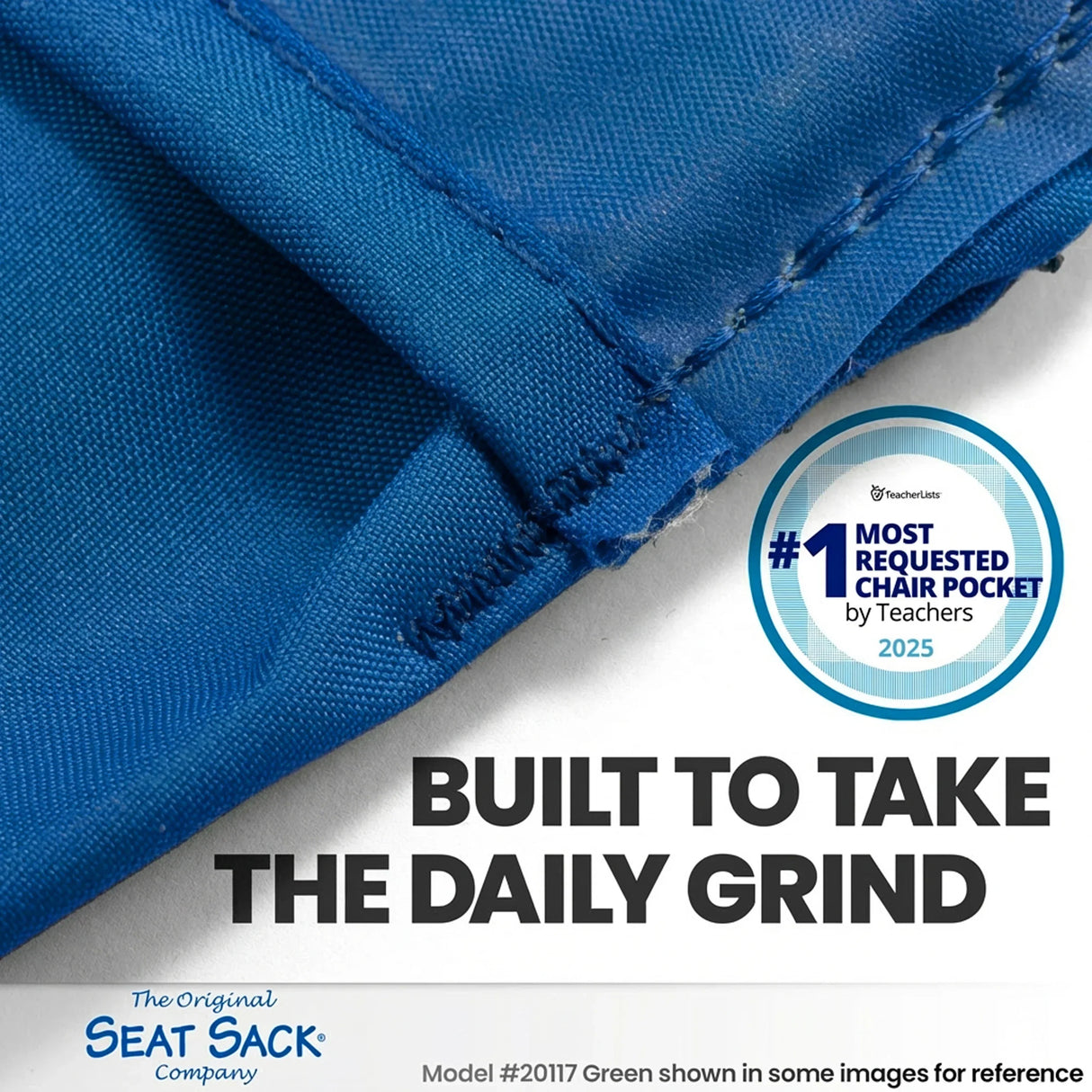 Close-up of a durable blue Seat Sack chair pocket with reinforced stitching, award badge, and text highlighting daily use.