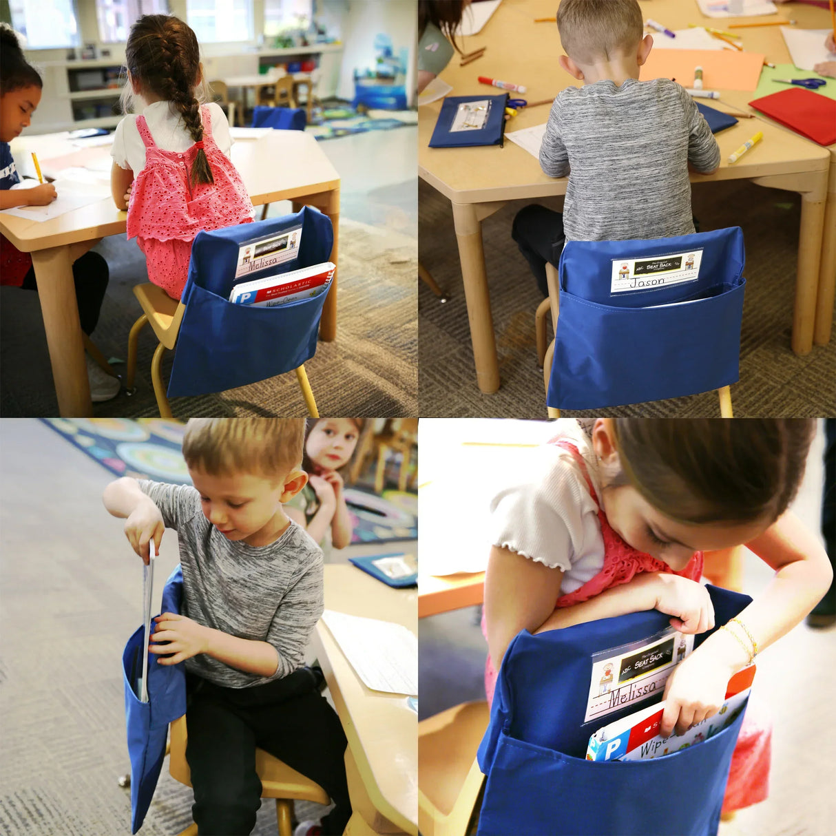 Kids using blue Seat Sack chair pockets to organize school supplies in a classroom.