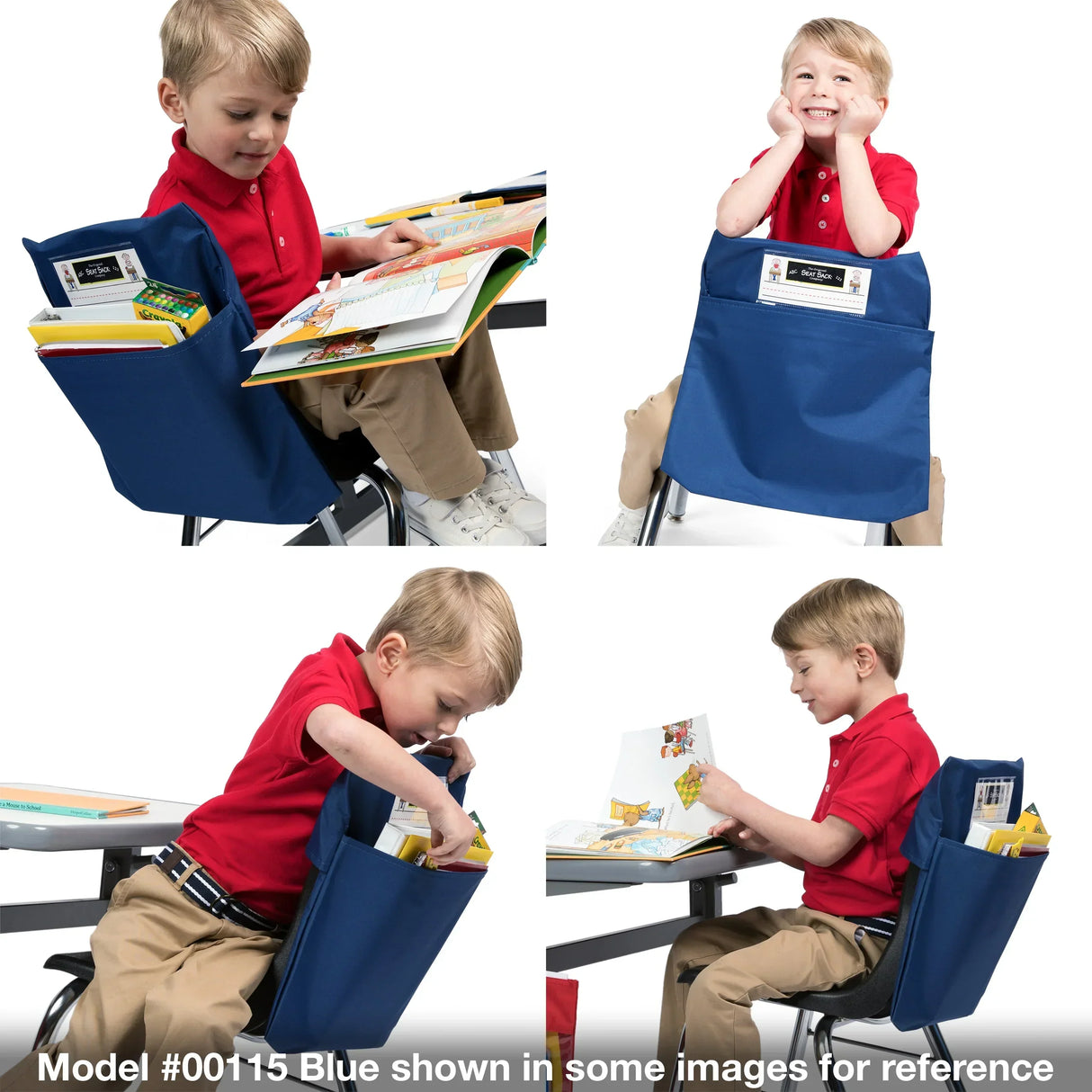 Child using blue chair storage pocket Seat Sack at a school desk with books and supplies