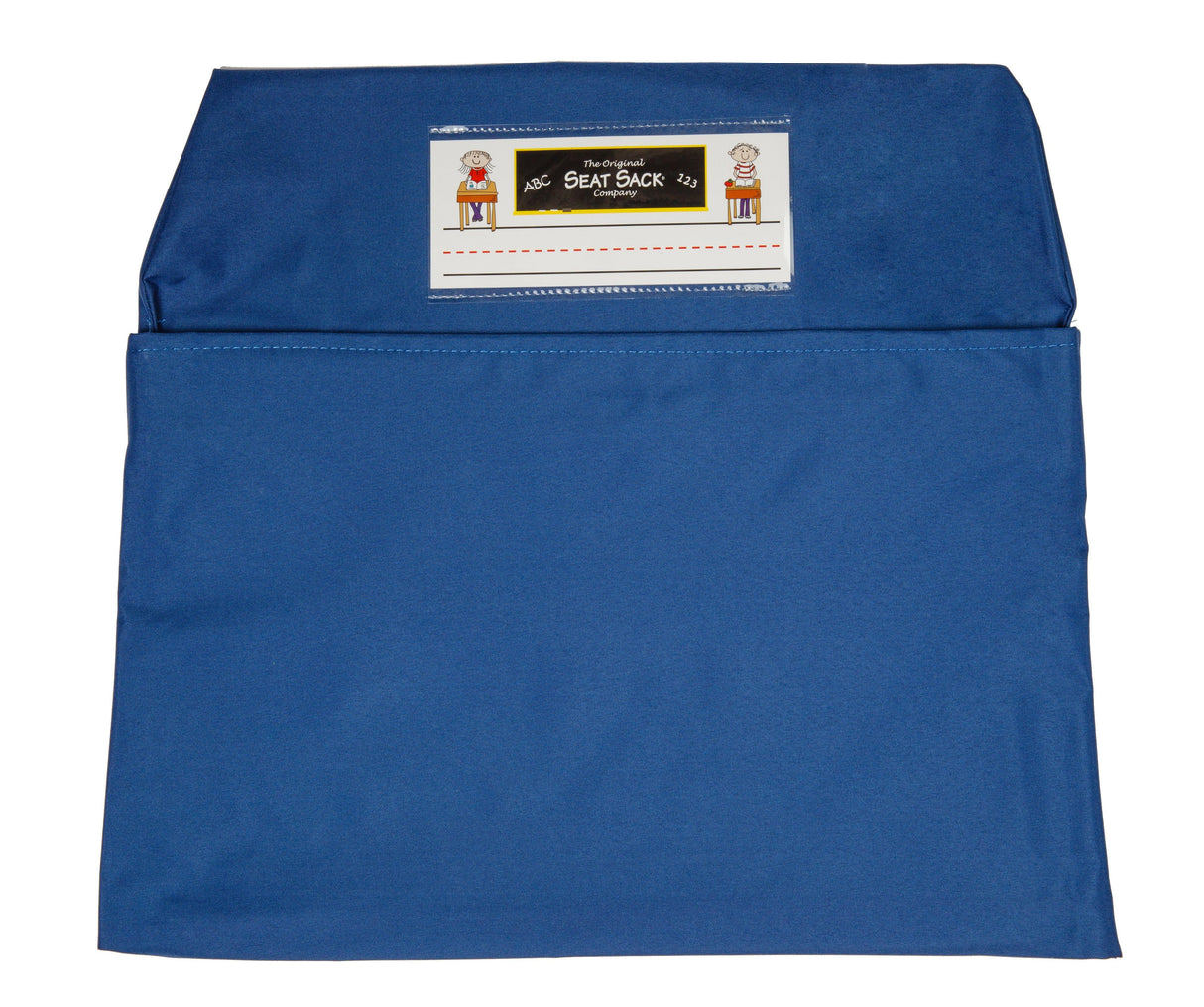 Blue Seat Sack classroom chair pocket organizer with label and front pocket.