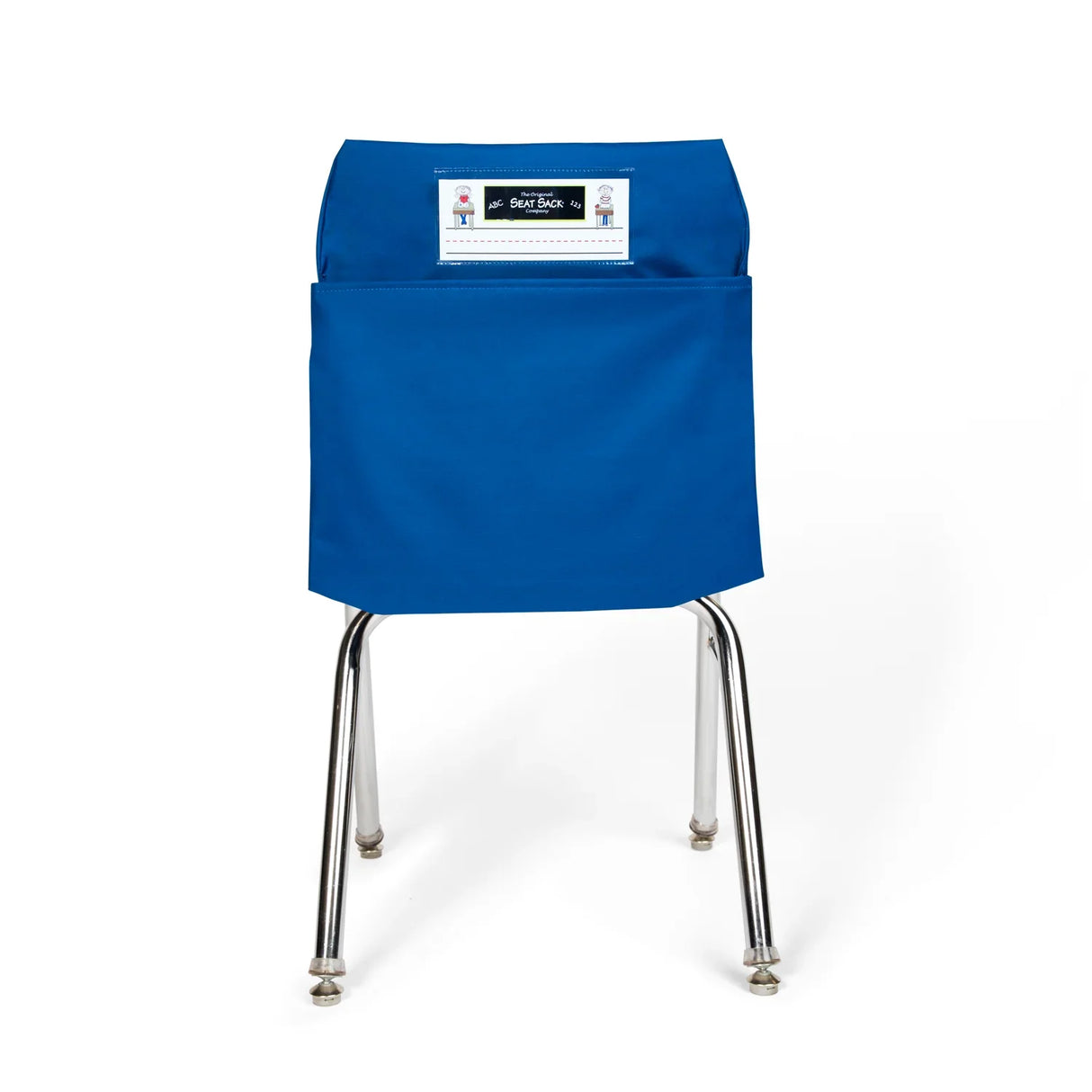 Blue Seat Sack chair pocket organizer on a metal classroom chair, isolated on white background.