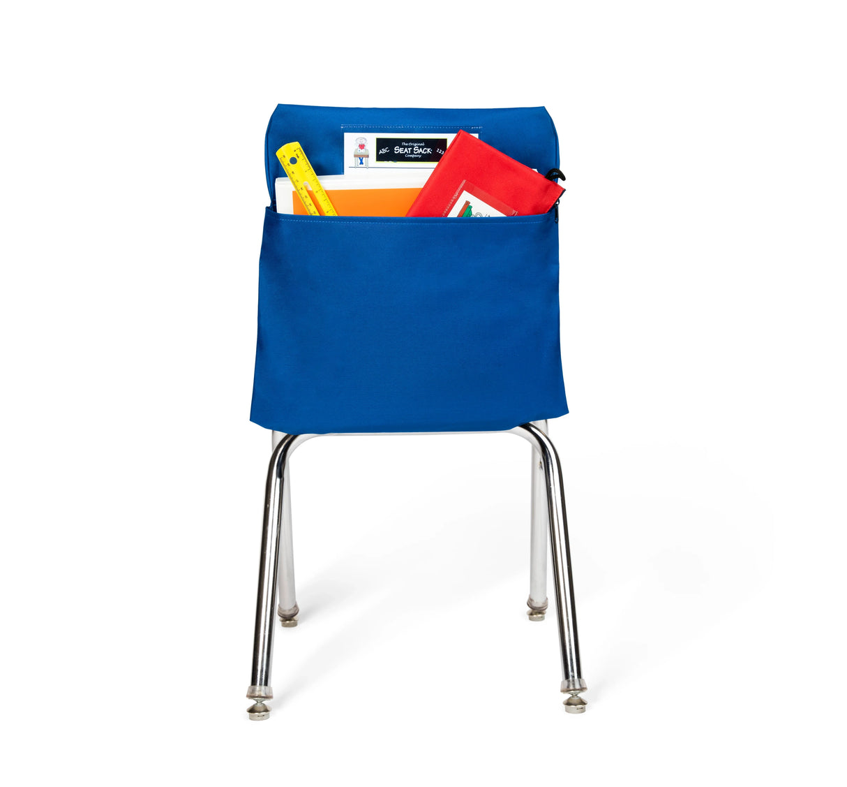 Blue Seat Sack classroom organizer on chair, holding school supplies and folders