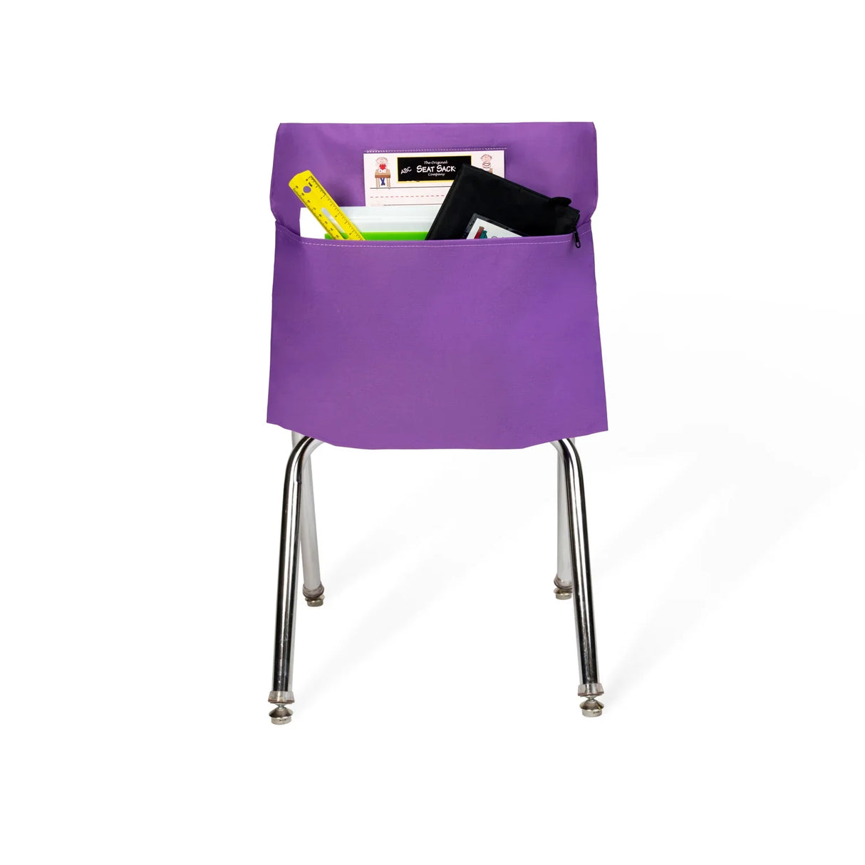 Purple Seat Sack classroom chair pocket organizer holding school supplies