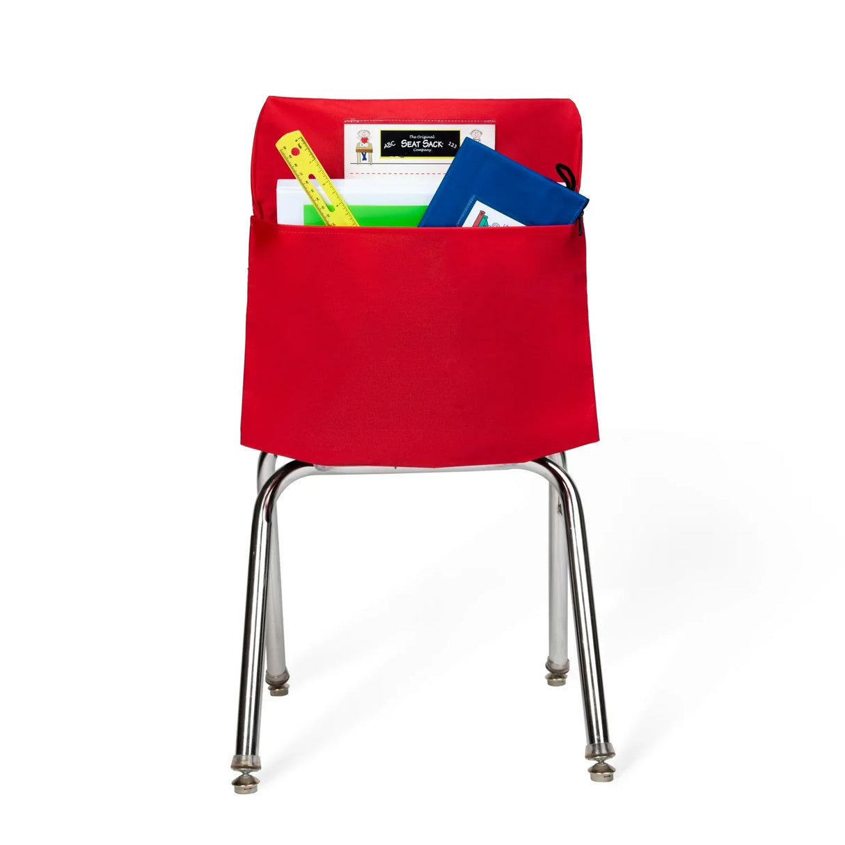 Red seat pocket organizer on a chair holding school supplies and folders