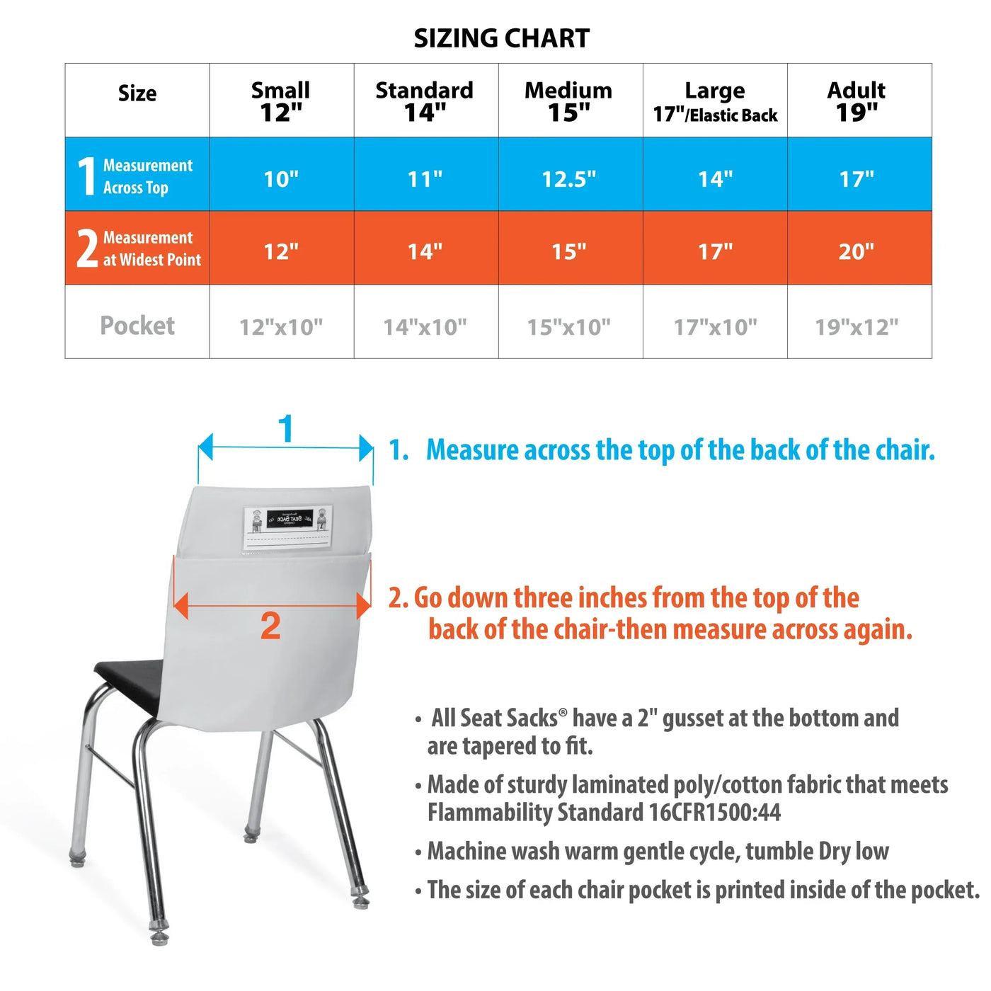 Seat Sack sizing chart with chair measurement guide and size options for classroom and office chairs.
