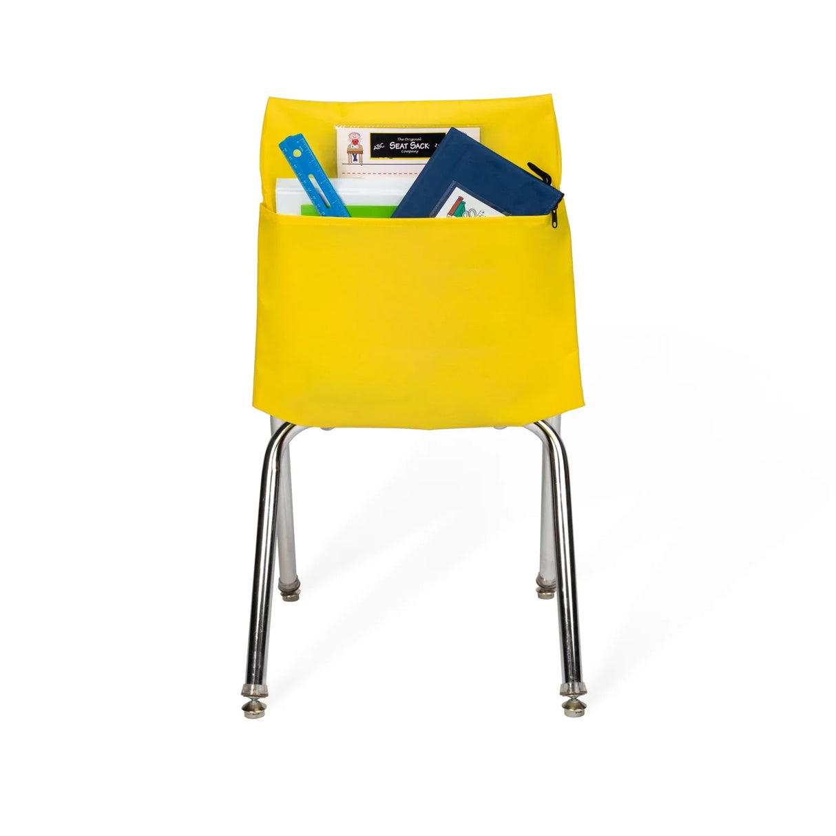 Yellow seat sack on chair holding school supplies and organizers