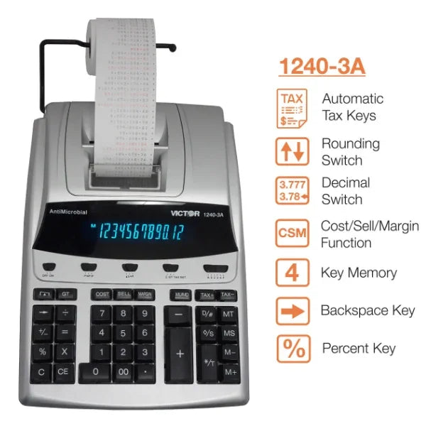 Victor® 12-digit heavy-duty commercial printing calculator with paper roll and feature list.