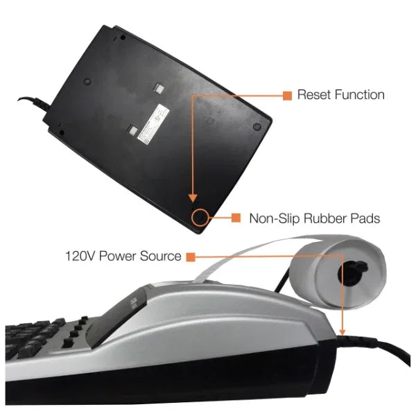 Victor® heavy-duty printing calculator showing power source and non-slip rubber pads.