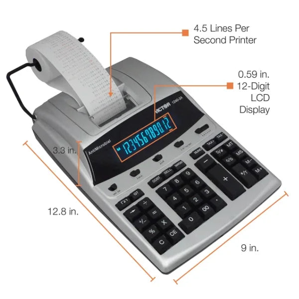 Victor® 12-digit heavy-duty commercial printing calculator with LCD display and dimensions.