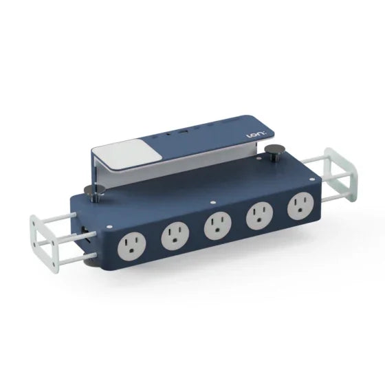 Blue power strip with four outlets, USB ports, and metal handles for workspace organization