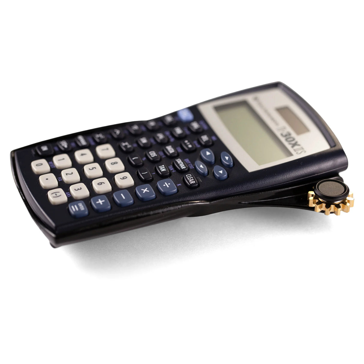Scientific calculator with angled display, black and white keypad, isolated on white background