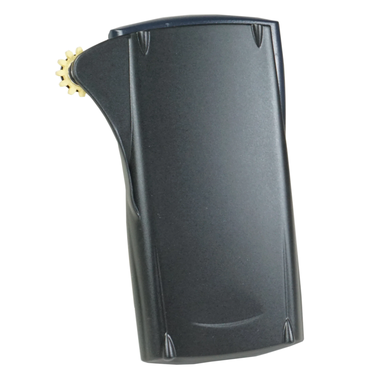 Black plastic calculator case with rounded edges and a gear-like hinge on one side.