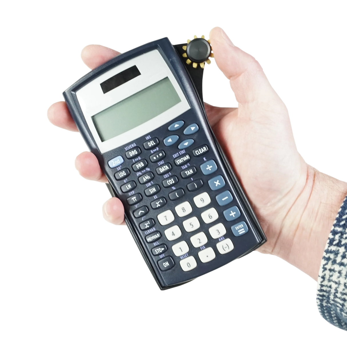 Hand holding scientific calculator with fidget spinner attachment