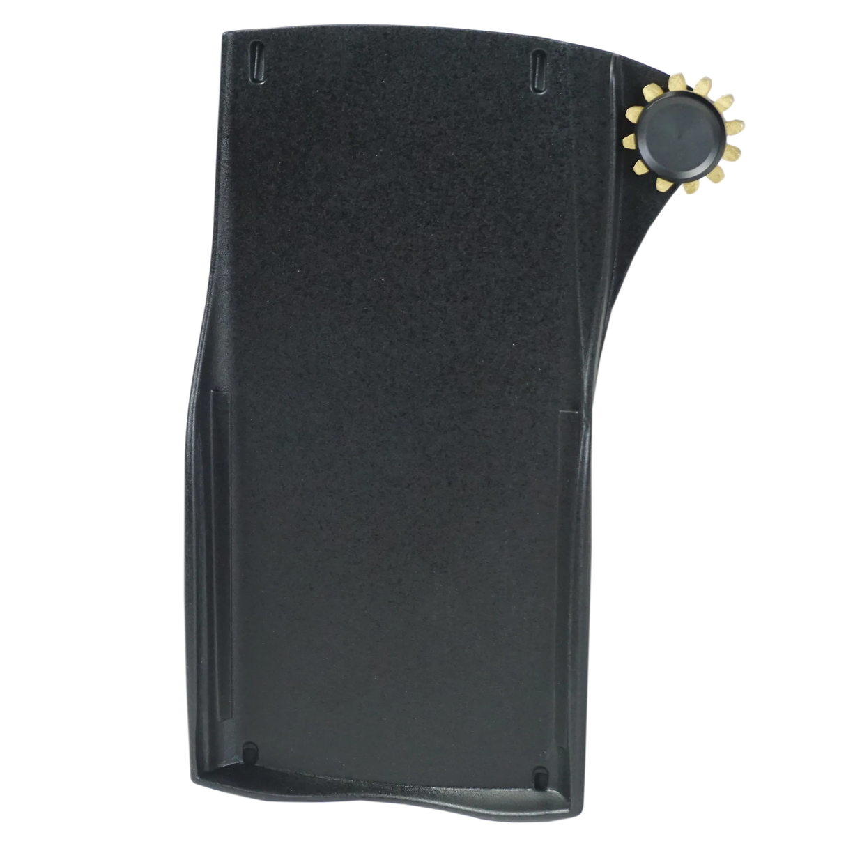 Inside view of a black plastic calculator cover with a sun-shaped gear in the corner