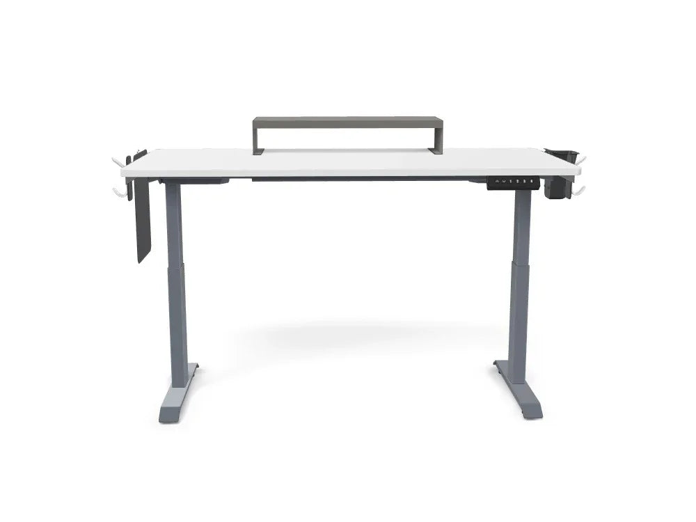 Adjustable standing desk with white tabletop, monitor stand, hooks, and gray metal legs