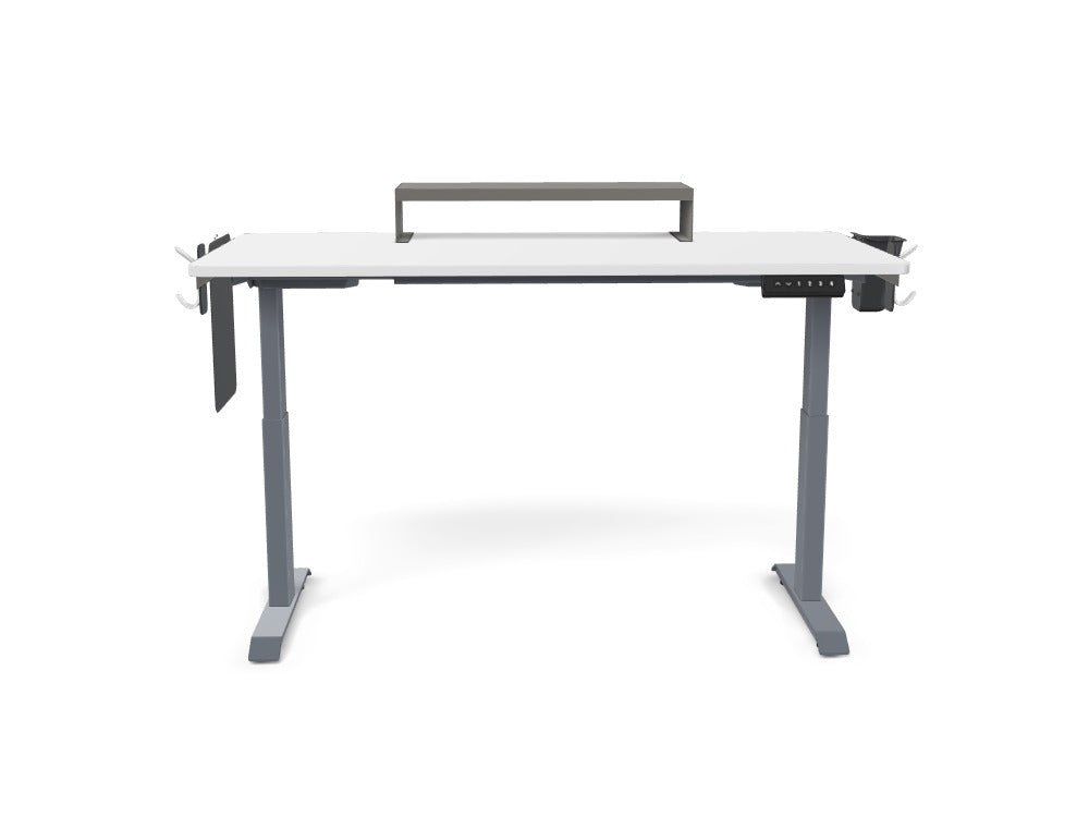 Adjustable standing desk with white tabletop, monitor stand, hooks, and gray metal legs