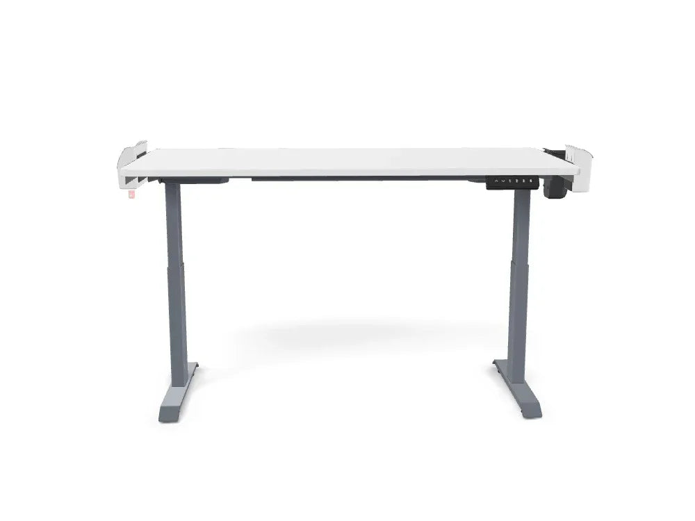 Adjustable standing desk with white tabletop and gray metal legs, office workspace furniture