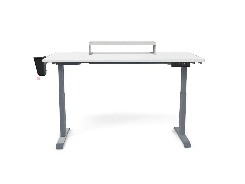 Adjustable standing desk with white tabletop, metal legs, monitor riser, cup holder, and control panel