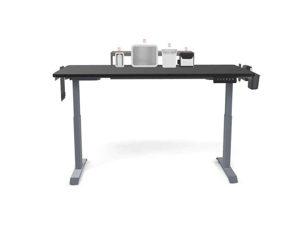 Black height-adjustable standing desk with workspace organizers and modern accessories