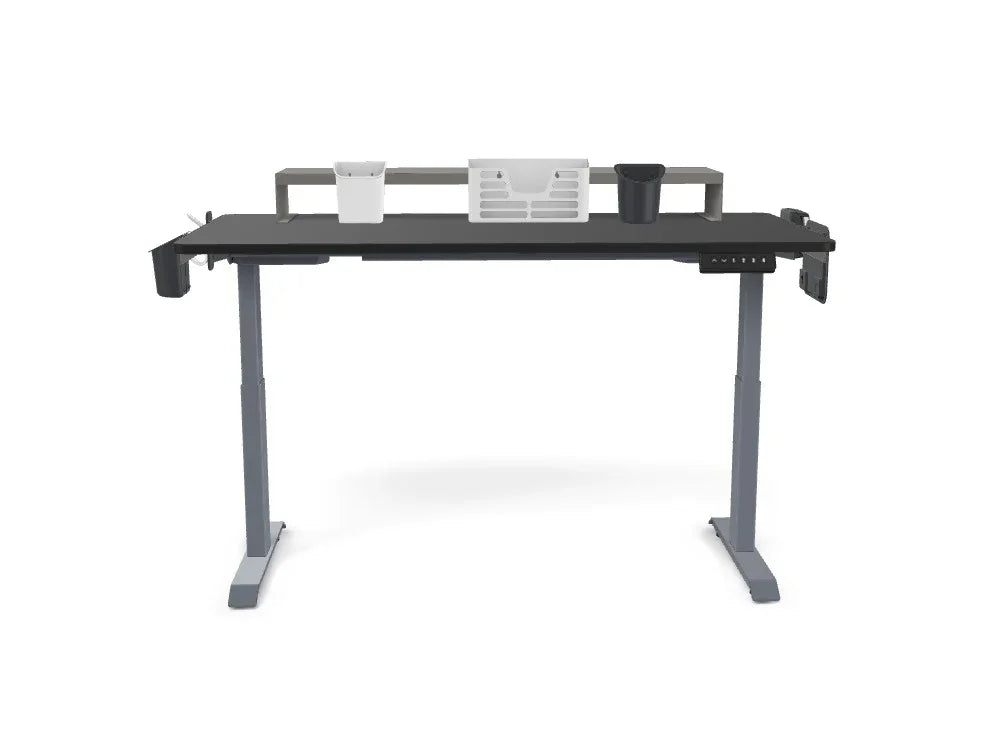 Adjustable standing desk with organizer accessories and cup holders on white background