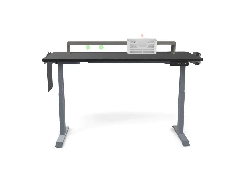 Adjustable standing desk with organizer shelf, control panel, and modern gray frame
