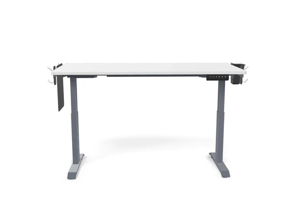 Height-adjustable standing desk with white tabletop, grey legs, and built-in organizer hooks