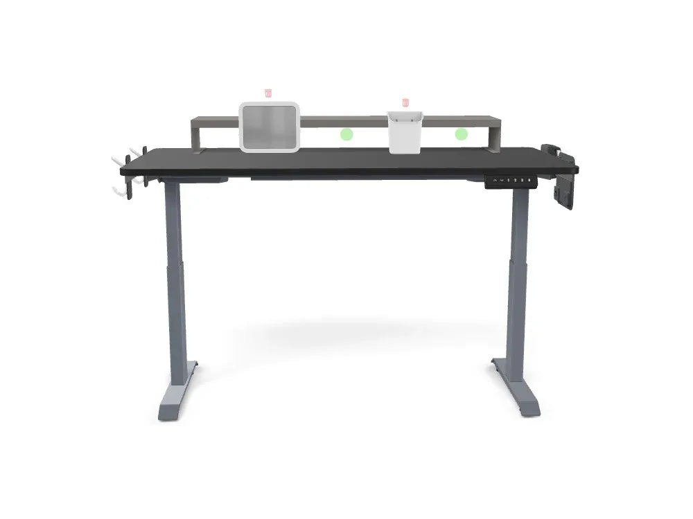 Standing desk with organizer shelf, black tabletop, and metal legs for office workspace