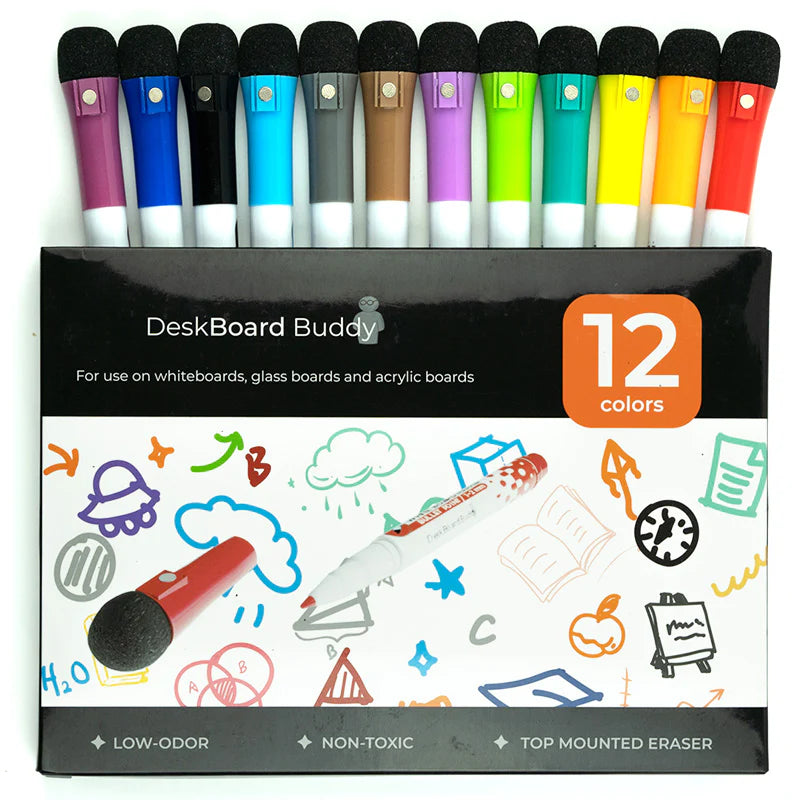 Dry Erase Markers for White DeskBoard Buddy – Fine-Tip Markers with Mini Erasers (12-Pack Assorted)