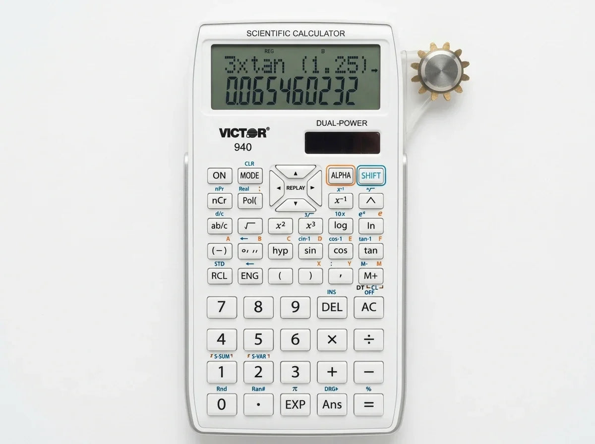 White scientific calculator with digital display and multiple function buttons on a white background.