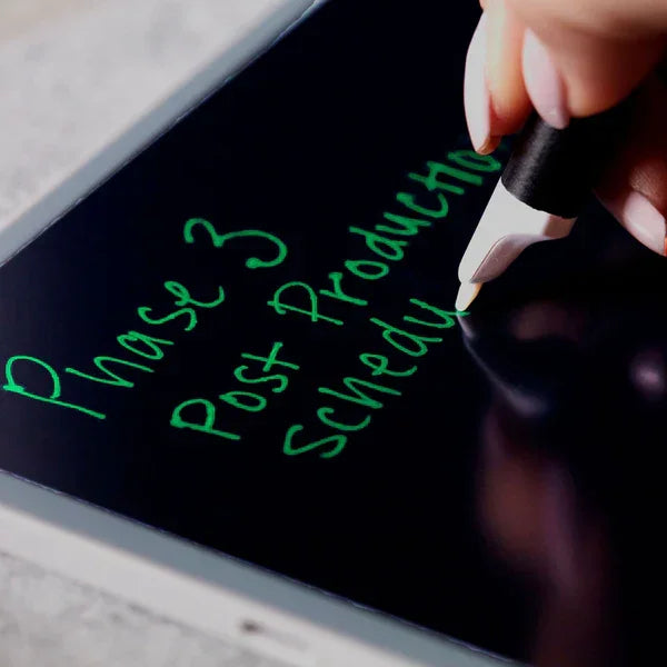 Hand writing on a smart notebook tablet with stylus, digital note-taking for productivity