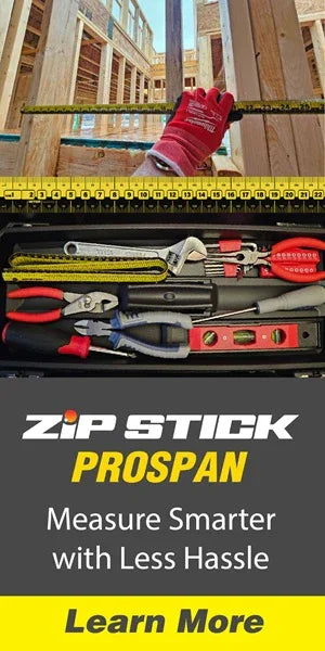 Tool box with tools and a gloved hand holding a measuring device, featuring the Zip Stick Prospan brand.