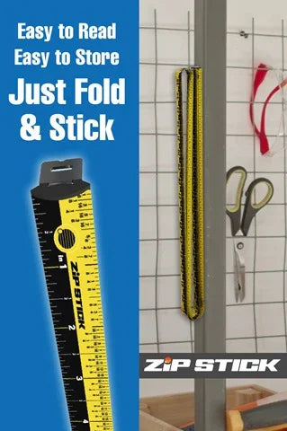 ZIP STICK product with text 'Easy to Read, Easy to Store, Just Fold & Stick' on a blue background.