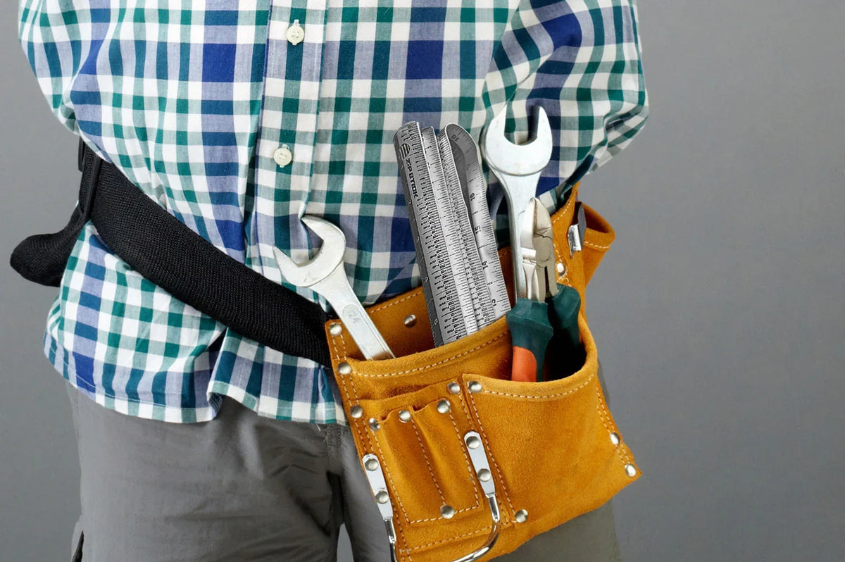 Victor® Zip Stick magnetic ruler and tools in a leather tool belt pouch