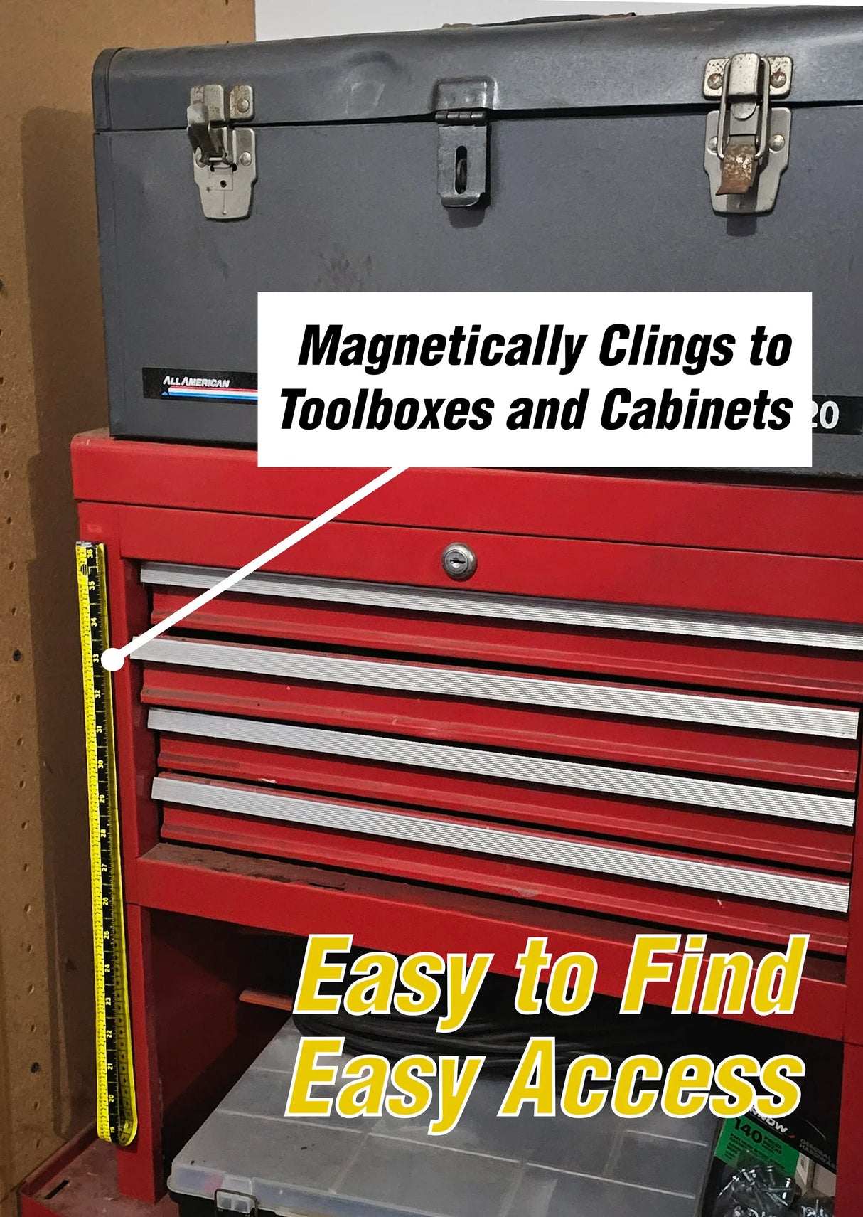 Toolbox and cabinets with a magnetic strip labeled 'Magnetically Clings to Toolboxes and Cabinets' and 'Easy to Find Easy Access' with regard to the Zip Stick ProSpan model