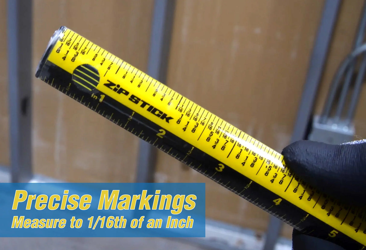 Yellow 36" Zip Stick ProSpan with black text held by a gloved hand, against a blurred background.