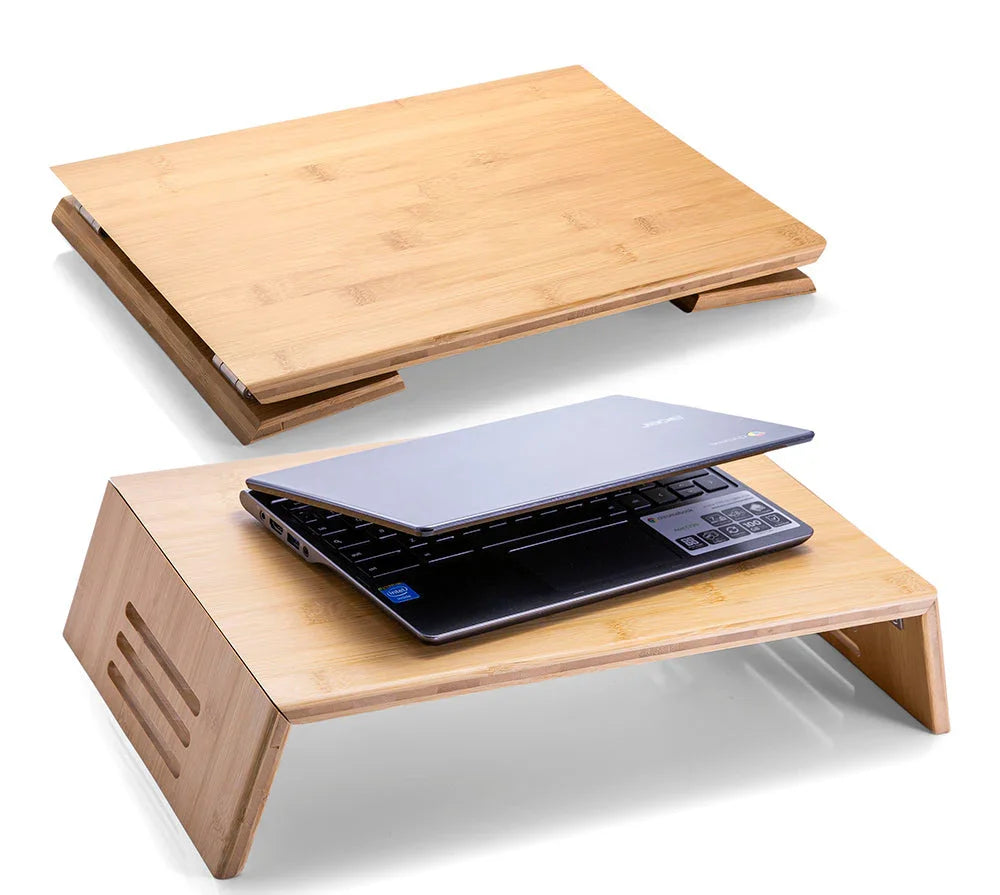 Bamboo monitor stand with vented sides, shown with and without a laptop for workspace organization