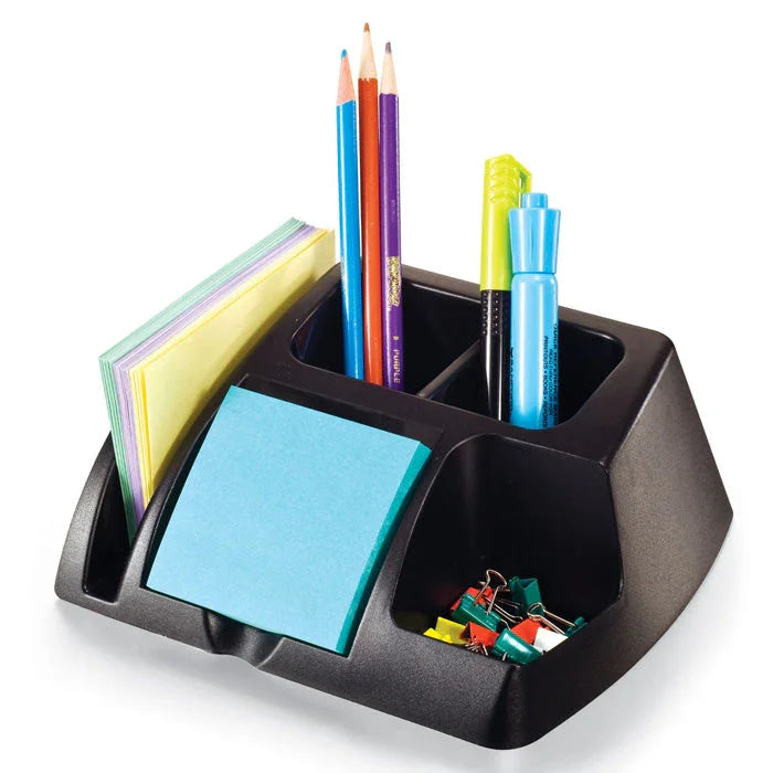 Black desk organizer with compartments holding pencils, markers, sticky notes, and binder clips
