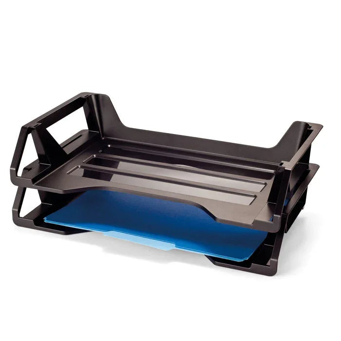 Black two-tier desktop document tray with blue folders for office organization