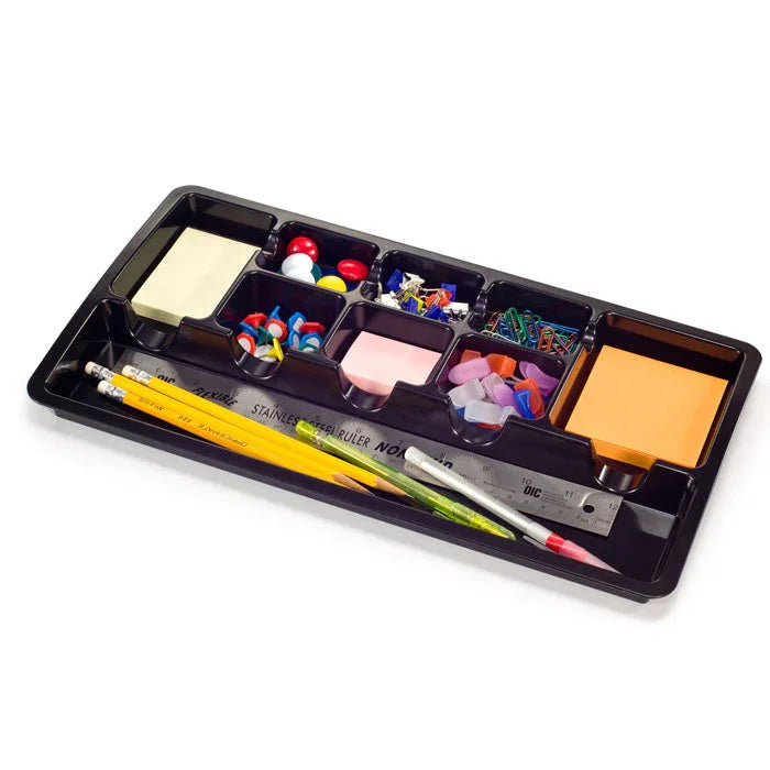 Black drawer organizer tray with pencils, pens, ruler, sticky notes, erasers, and office supplies