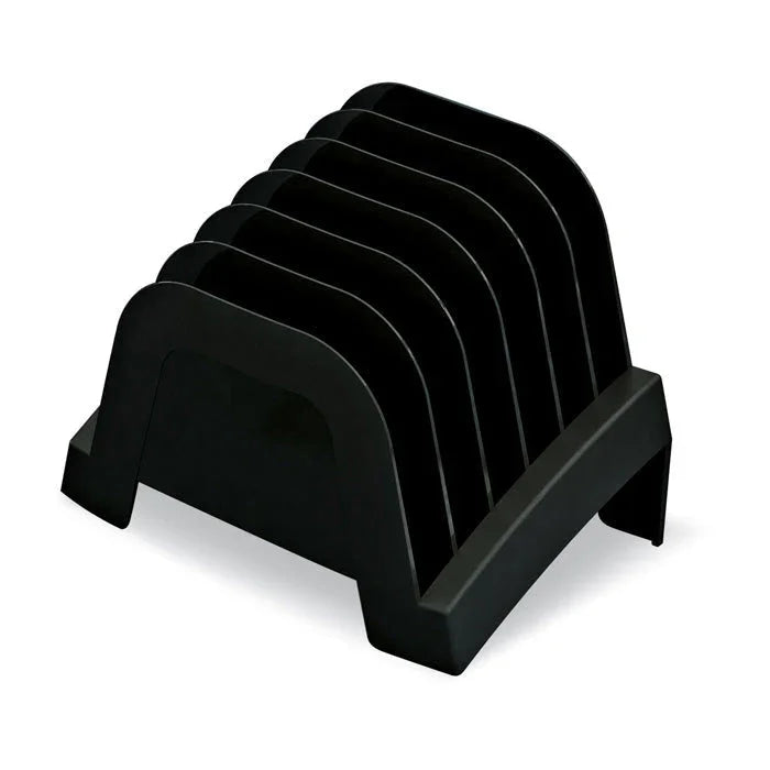 Black plastic incline file sorter organizer with six slots for office or desk organization