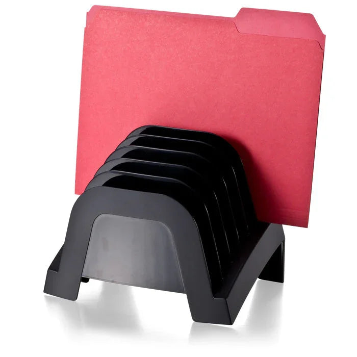 Black incline file sorter with a red file folder, ideal for desk organization