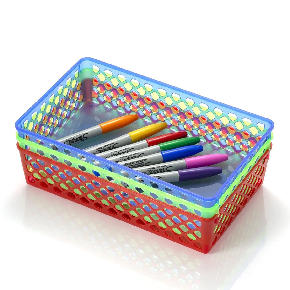 Stacked colorful plastic supply baskets with assorted markers inside on a white background