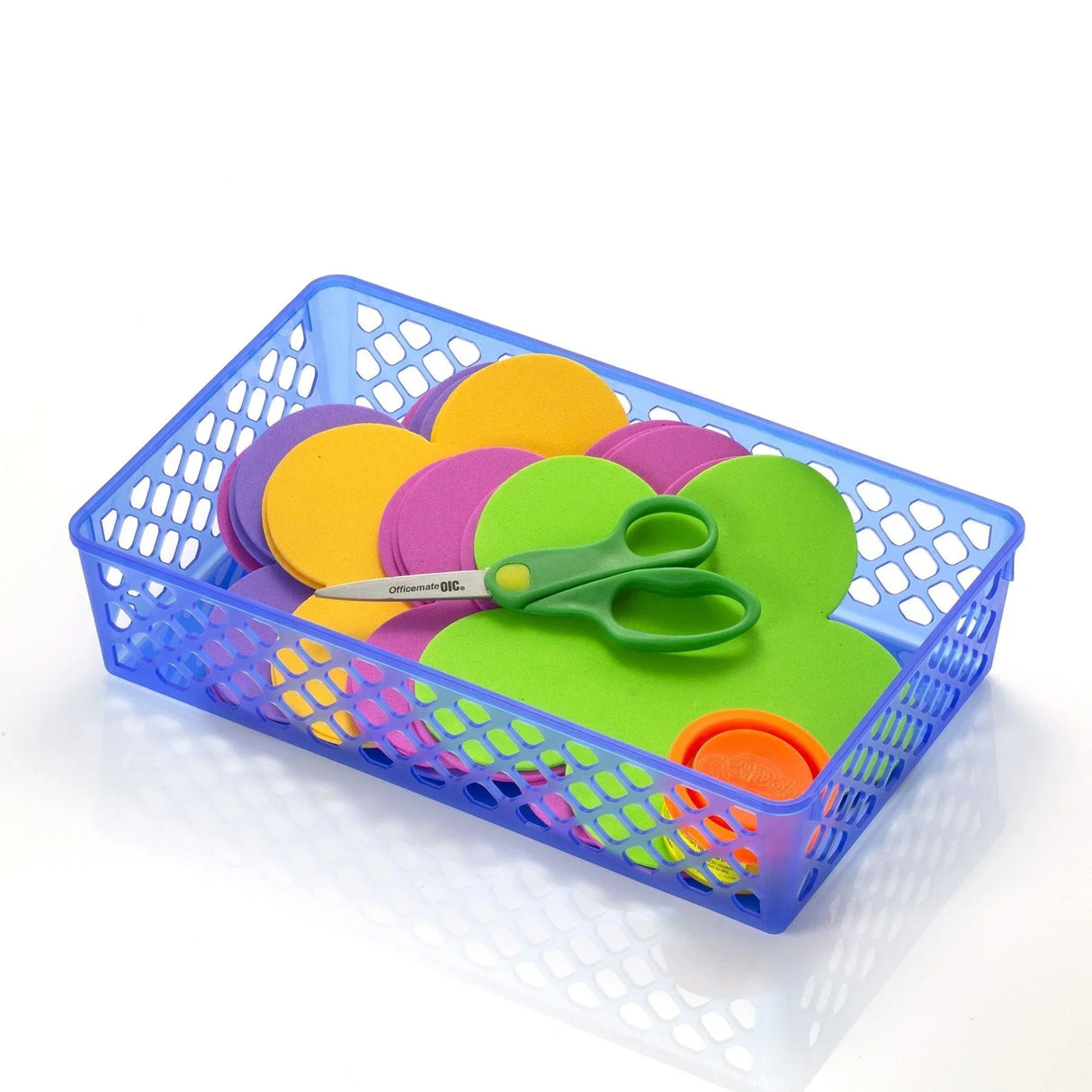 Blue plastic supply basket with green scissors and colorful round foam pads for office or classroom organization