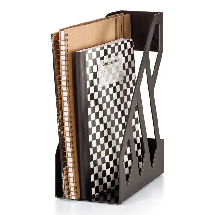Black magazine file holder with notebooks and folders, desktop organizer for office storage