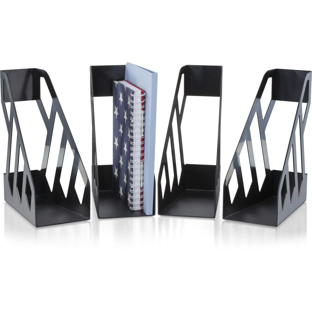 Set of four black magazine file holders, one holding a spiral notebook and folder on white background
